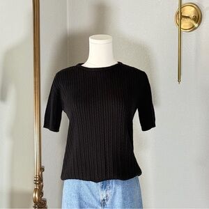 90s Crystal-Kobe Cable Knit Sweater S Black Minimalist Coquette Short Sleeve Top